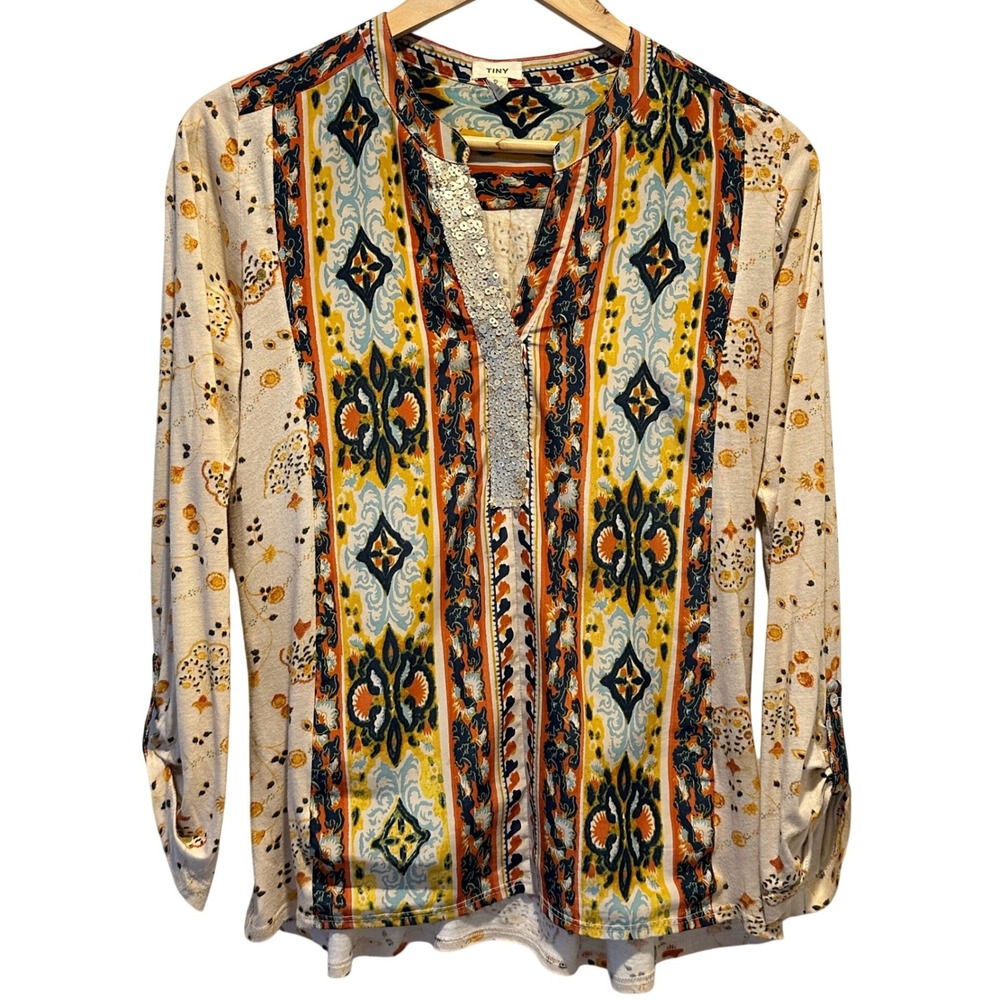Anthropologie Tiny Mixed Print Blouse Womens Small Sequin Henley Boho‎ Peasant